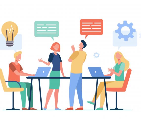 Ilustração mostra 4 pessoas conversando em volta de uma mesa, duas sentadas com um notebook, e duas em pé, todas estão felizes e gesticulando com as mãos.