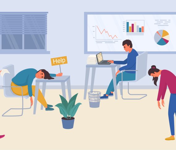 Ilustração mostra uma sala de escritório com seis pessoas trabalhando e aparentemente exaustas, uma delas segura uma placa que diz "Help".