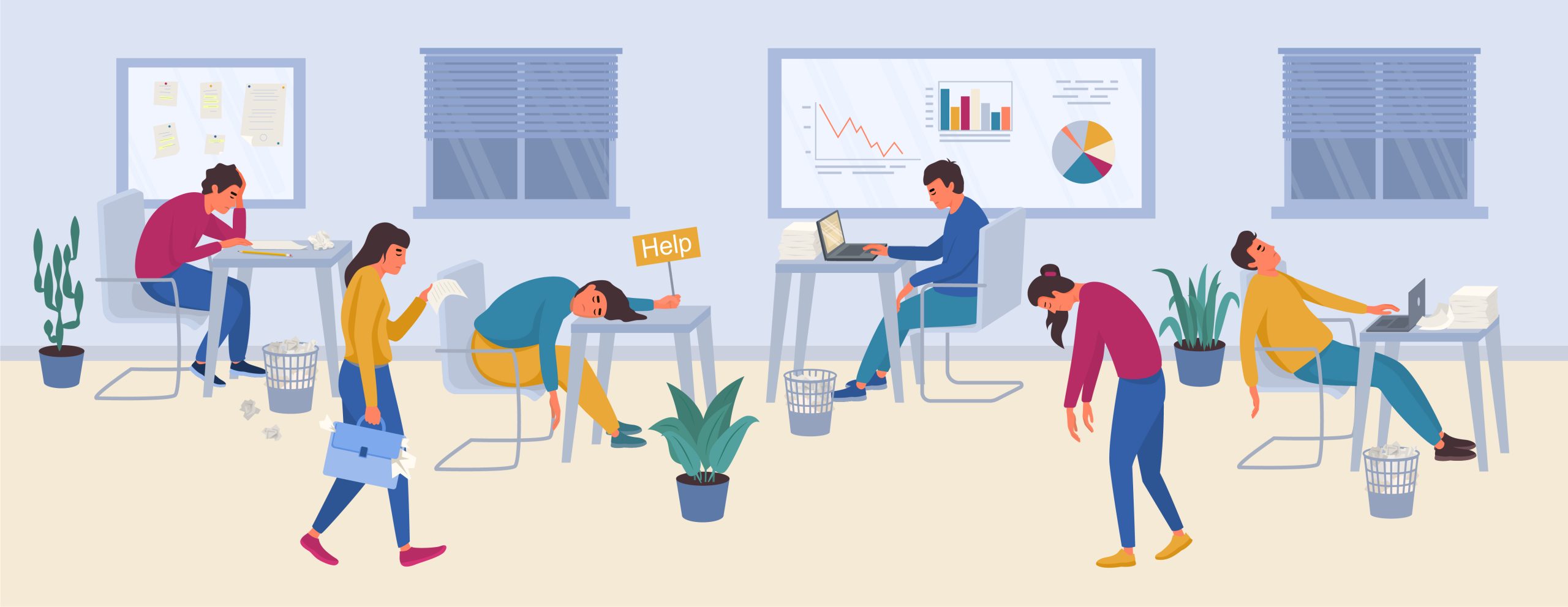 Ilustração mostra uma sala de escritório com seis pessoas trabalhando e aparentemente exaustas, uma delas segura uma placa que diz "Help".